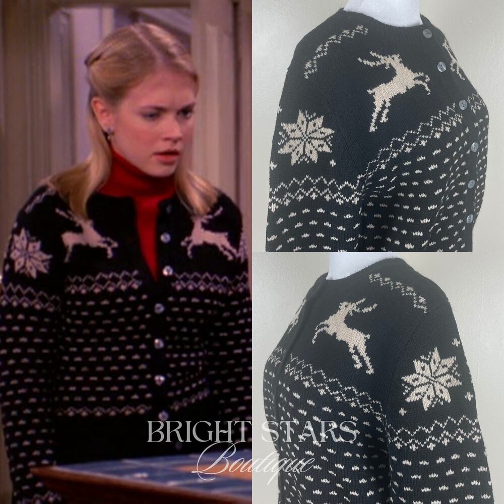 Rare Reindeer Cardigan ASO Sabrina The Teenage Witch Black Cream Vintage Holiday - Picture 4 of 11
